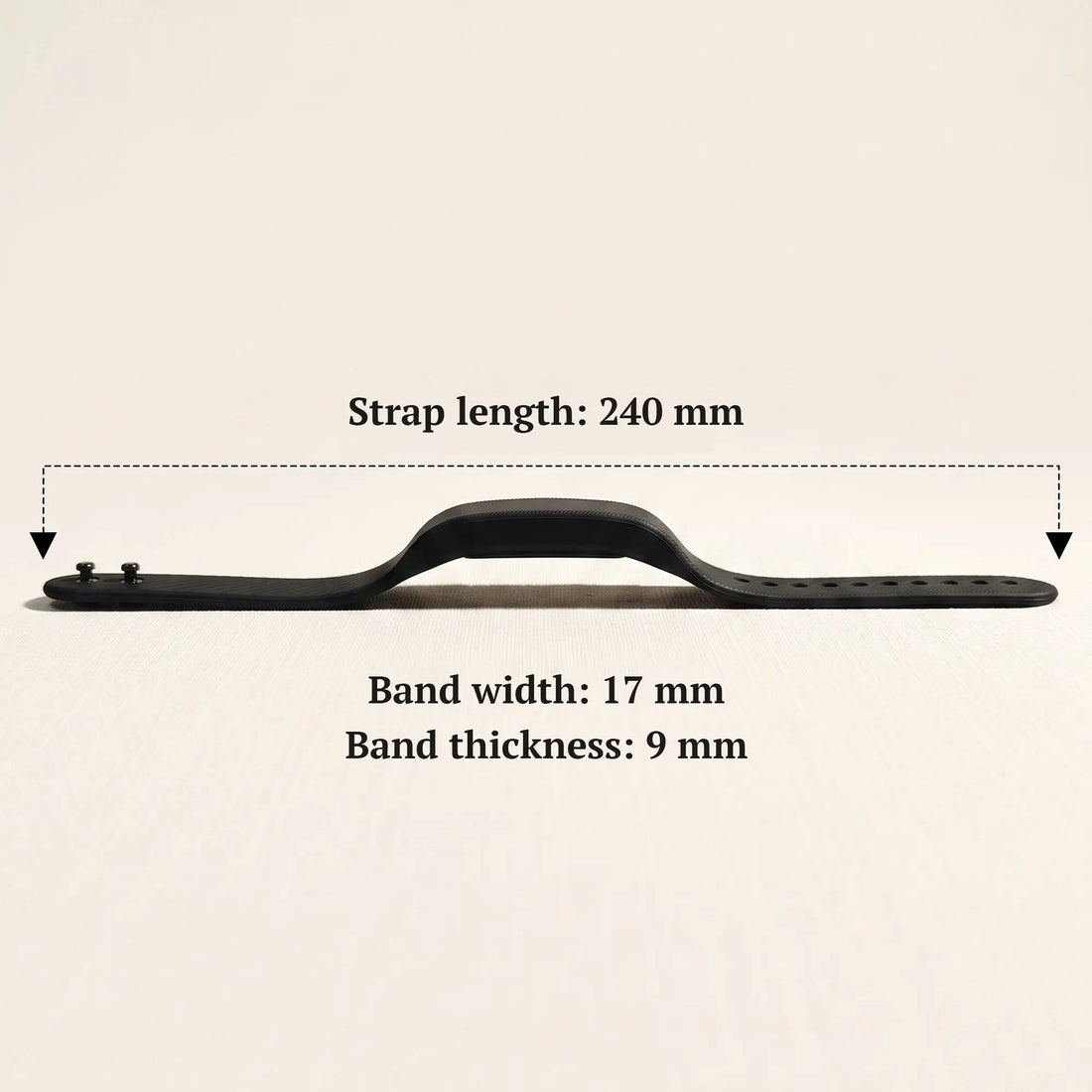 Sovune Nudge size guide: 240 mm adjustable strap, 17 mm wide and 9 mm thick, a light vibrating alarm for older people