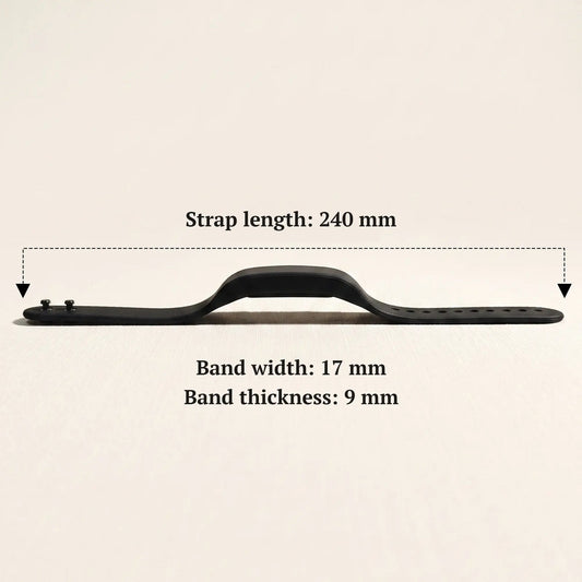 Sovune Nudge size guide: 240 mm adjustable strap, 17 mm wide and 9 mm thick, a light vibrating alarm for older people