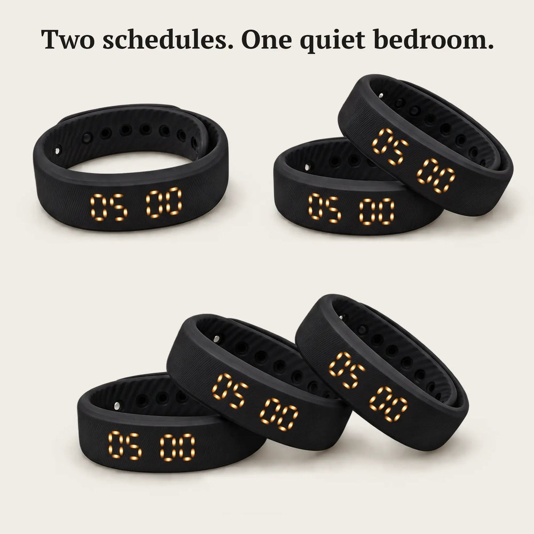 Several Sovune Nudge vibrating alarm wristbands, silent alarms for teenagers and families on different schedules