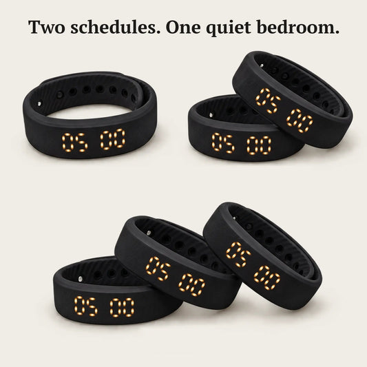 Several Sovune Nudge vibrating alarm wristbands, silent alarms for teenagers and families on different schedules
