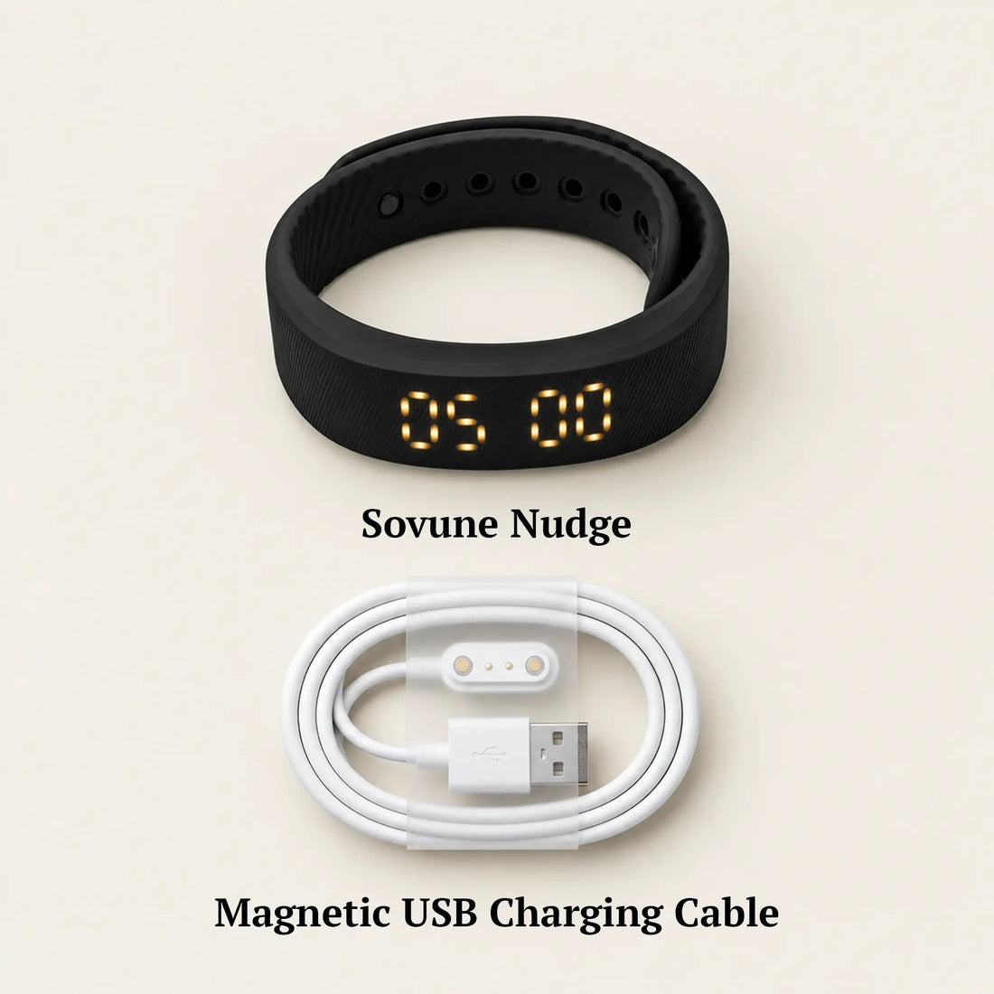 Sovune Nudge vibrating alarm wristband with its USB charging cable