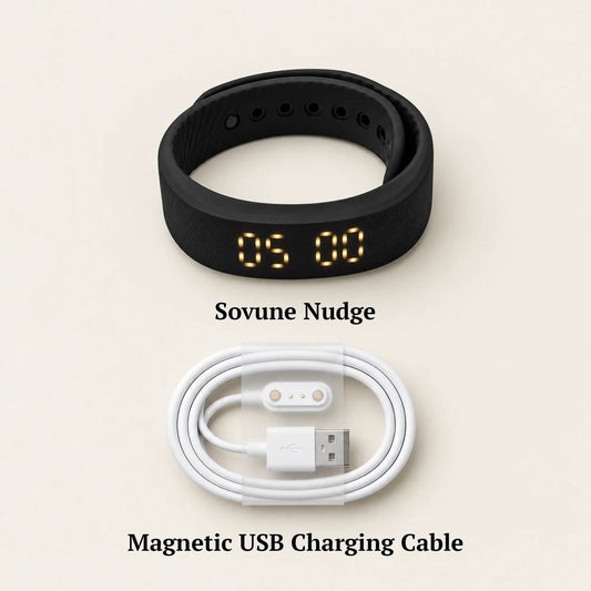 Sovune Nudge wristband and magnetic USB charging cable, a compact silent alarm for travel and hostel dorms