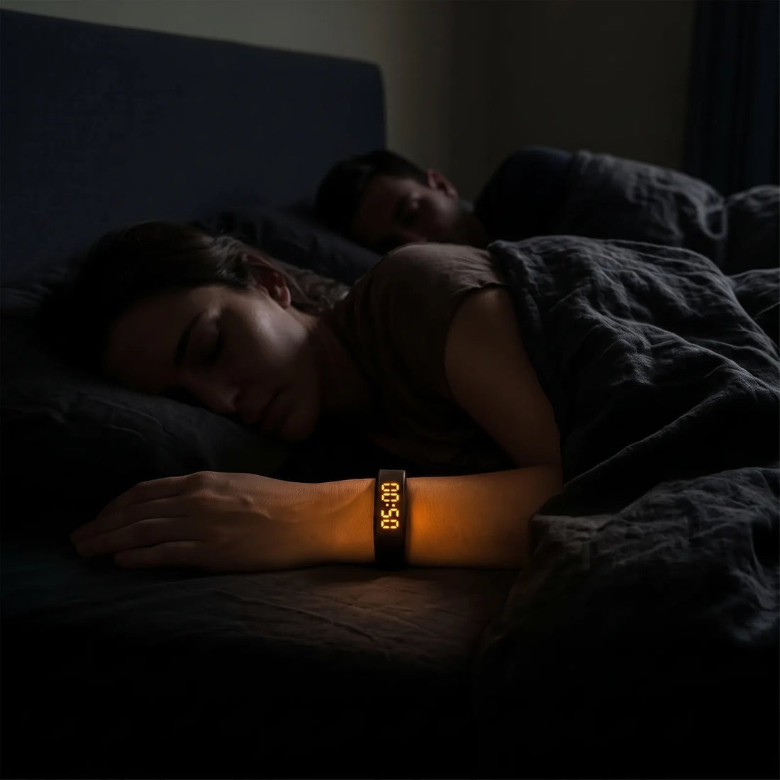 Person asleep wearing the Sovune Nudge vibrating alarm, which still wakes you with earplugs in