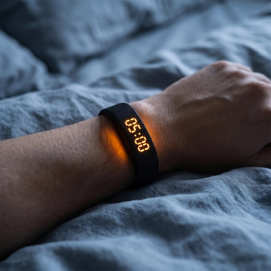 Sovune Nudge vibrating alarm wristband on a wrist at night with its amber display glowing