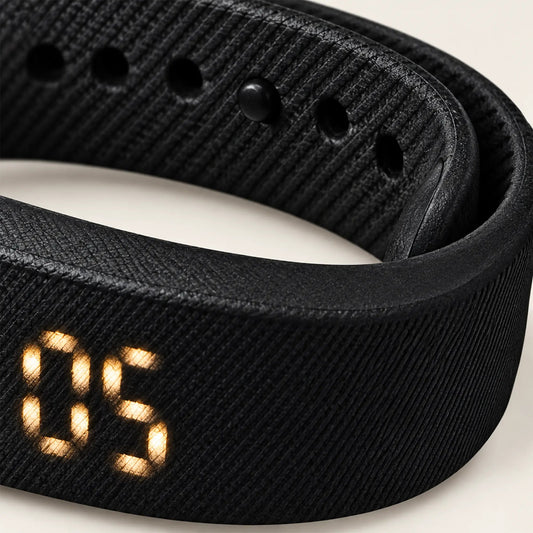 Close-up of the Sovune Nudge wristband showing its textured strap and sizing holes