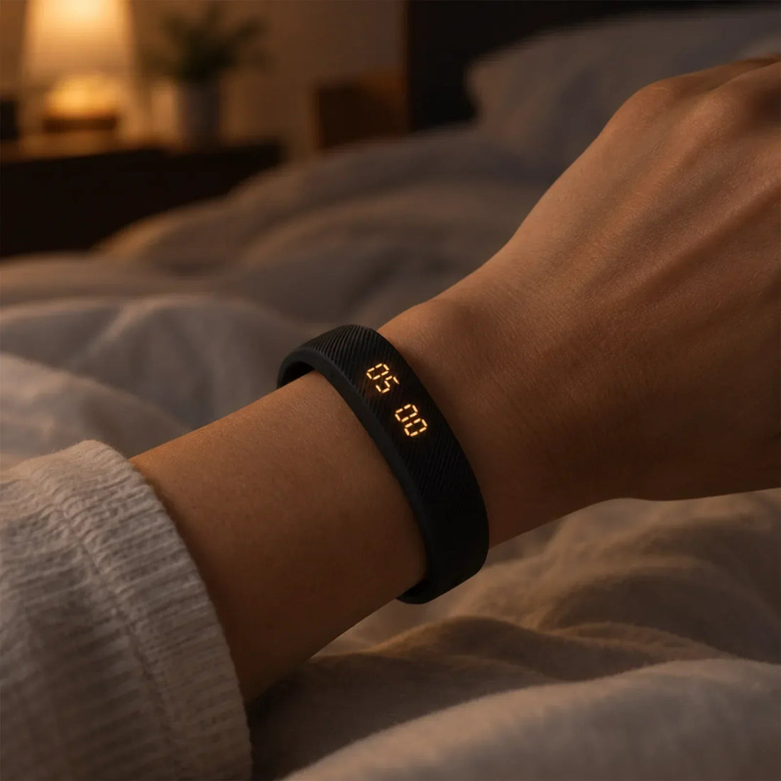 Sovune Nudge on a wrist in a dim bedroom, a gentle escalating alarm that helps reduce morning grogginess