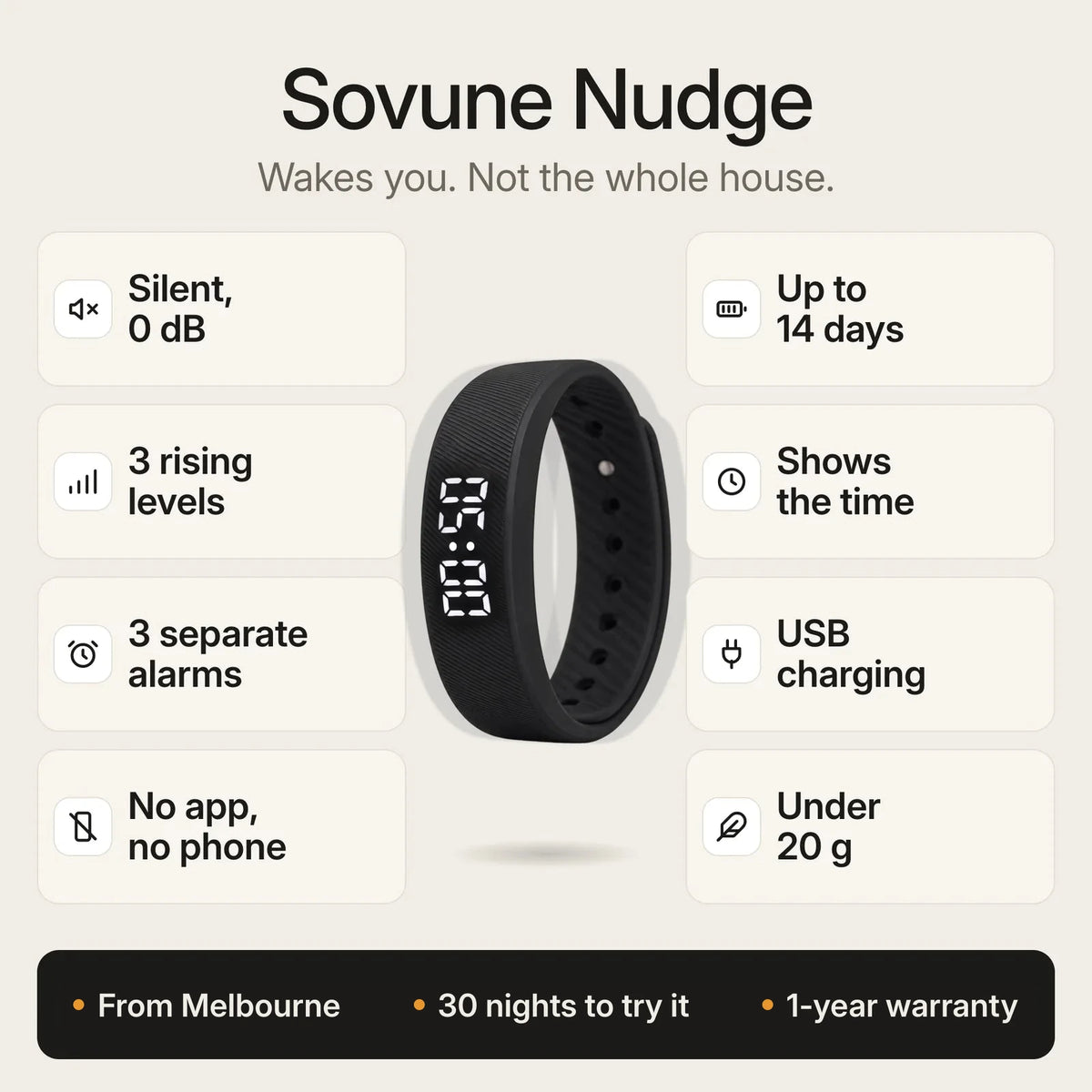 One Nudge at a glance: Sovune Nudge standing upright. Wakes you, not the whole house. Silent (0 dB), 3 rising levels, 3 separate alarms, no app or phone, up to 14 days per charge, shows the time, USB charging, under 20 g. From Melbourne, 30 nights to try it, 1-year warranty.