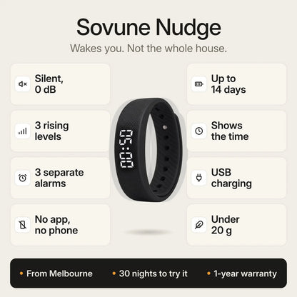 One Nudge at a glance: Sovune Nudge standing upright. Wakes you, not the whole house. Silent (0 dB), 3 rising levels, 3 separate alarms, no app or phone, up to 14 days per charge, shows the time, USB charging, under 20 g. From Melbourne, 30 nights to try it, 1-year warranty.