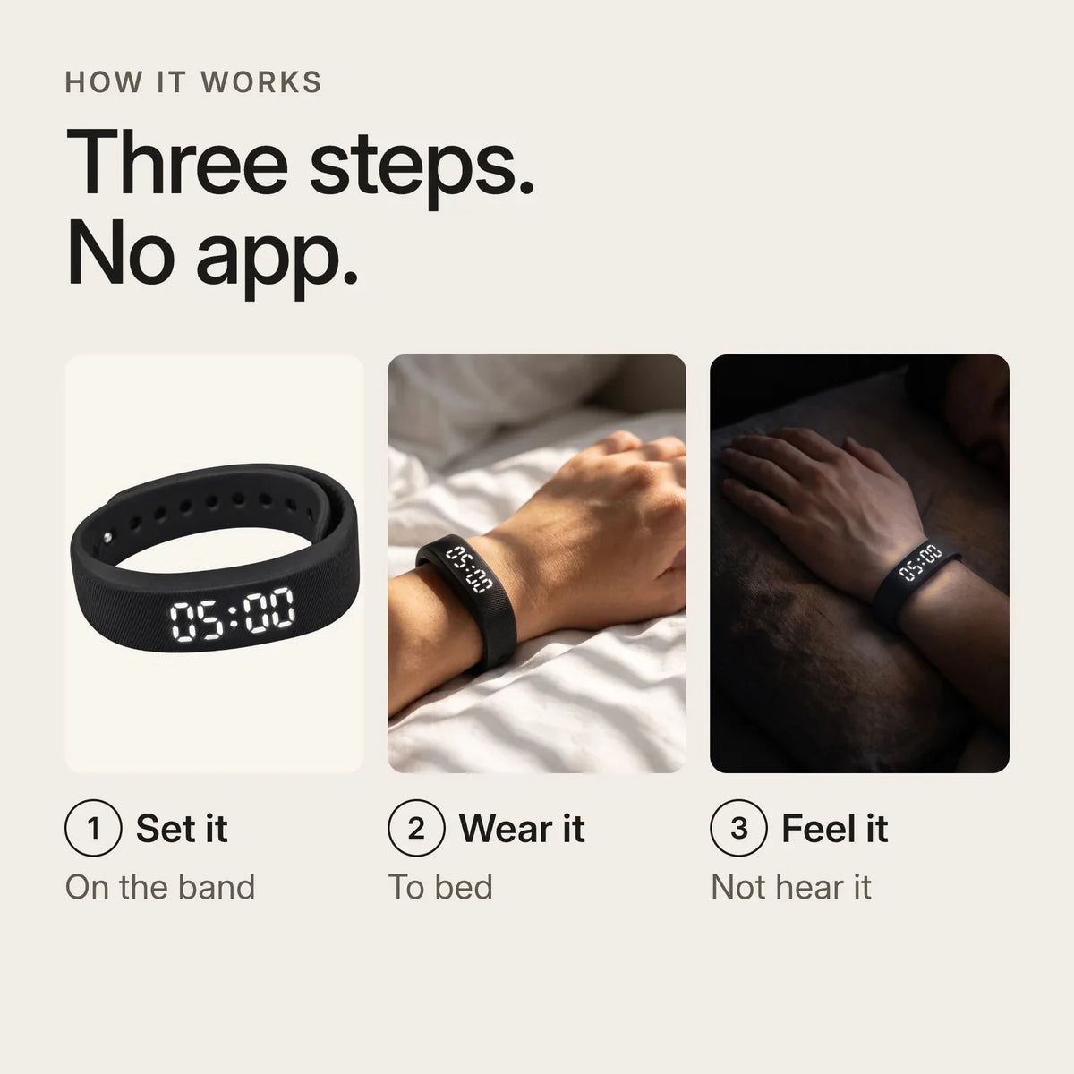 How it works in three steps, no app: set the alarm on the band, wear it to bed, feel it vibrate silently.