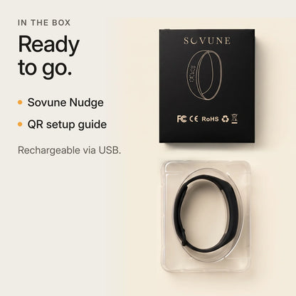 In the box: the Sovune Nudge and a QR setup guide. Rechargeable via USB.