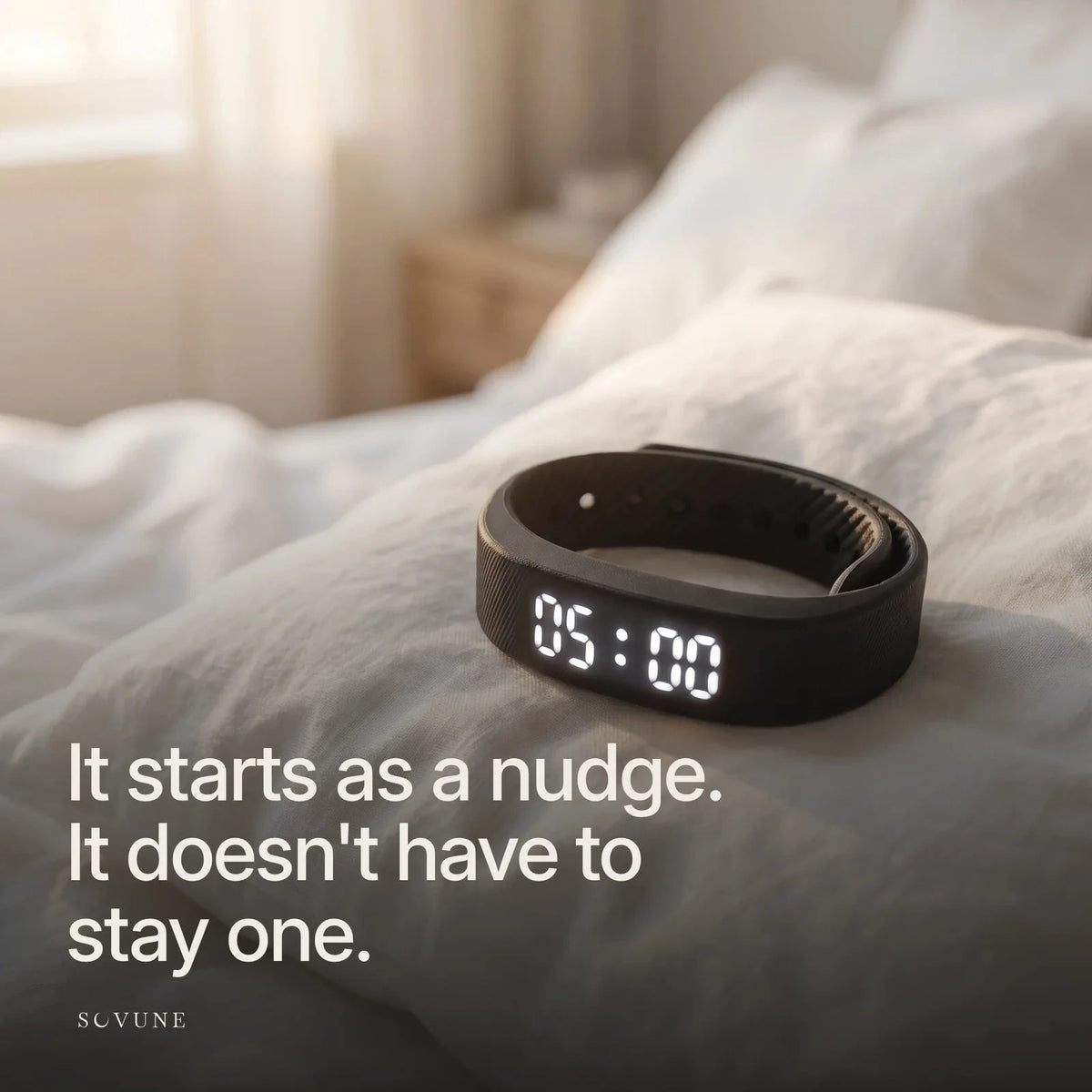 Sovune Nudge on a pillow in morning light. It starts as a nudge. It doesn't have to stay one.